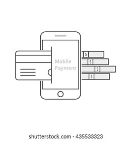 mobile payment with thin line phone. concept of nfc, telephone, ecommerce, balance, electronic gadget, dollar debit. flat outline style trend modern logo design vector illustration on white background