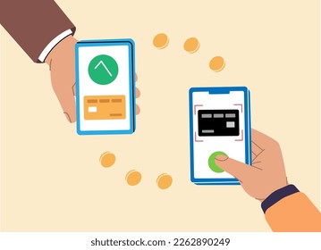 Mobile payment transfer. Mobile banking app and e-payment. Hands holding smartphones with online banking payment apps. Paying by NFC function.