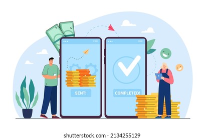 Mobile payment transfer flat vector illustration. Tiny man and woman sending and receiving money wireless, doing remittance with help of smartphone. Bank deposit, cashless, business concept