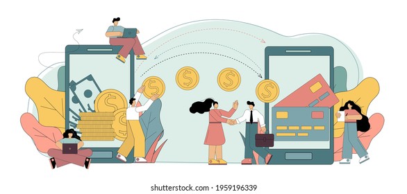 Transferencia de pago móvil. La gente envía y recibe dinero de manera inalámbrica desde sus teléfonos móviles. Ilustración del vector