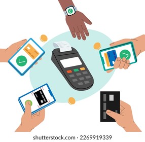 Mobile payment transfer. POS terminal for contactless pay. Wireless contactless NFC payments. Mobile banking app and e-payment.