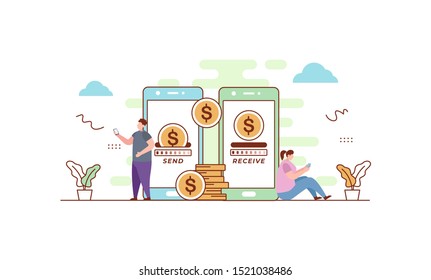 Mobile payment transfer transaction flat vector illustration concept,can be used for landing page, ui, web, app intro card, editorial, flyer, and banner.