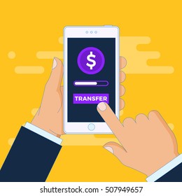 Mobile Payment transfer using smartphone, terminal and credit card, near field communication technology, online banking. Flat design vector.