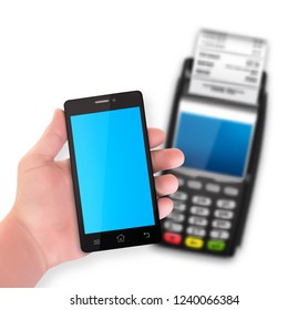 Mobile payment trough POS terminal. Hand holding smartphone with POS terminal. Vector icon. EPS10