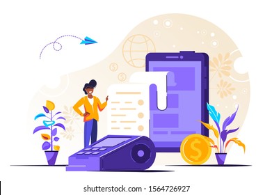 Mobile payment UI illustration with flat people characters doing transfer of money with smart phone. Cellphone e-payment transaction banking illustration with bill and pay machine.