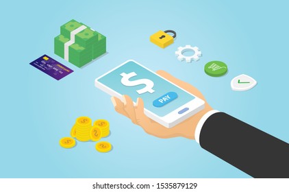 mobile payment use smartphone with hand hold and money icon with modern isometric style - vector