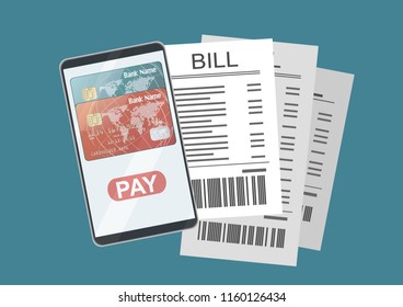 Mobile Payment. Using a mobile phone to bank. Invoice sheet, bill. Flat style illustration, invoice payment concept