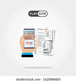 Mobile Payment. Using a mobile phone to bank. Invoice sheet, bill. Flat style illustration, invoice payment concept
