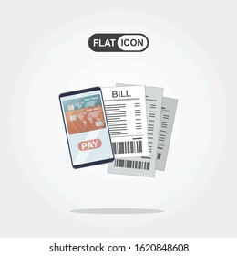 Mobile Payment. Using a mobile phone to bank. Invoice sheet, bill. Flat style illustration, invoice payment concept