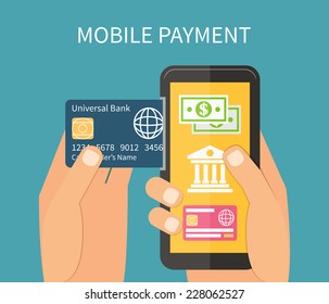 Mobile payment using smartphone and credit card, near field communication technology, online banking. Flat design vector.