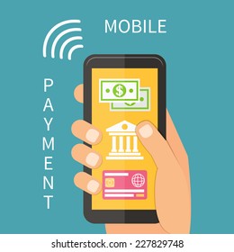 Mobile payment using smartphone, near field communication technology, online banking. Flat design vector.
