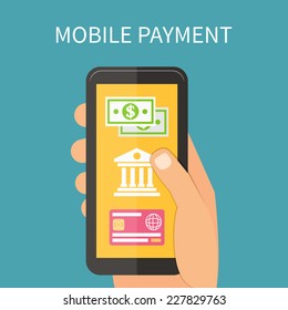 Mobile payment using smartphone, near field communication technology, online banking. Flat design vector.