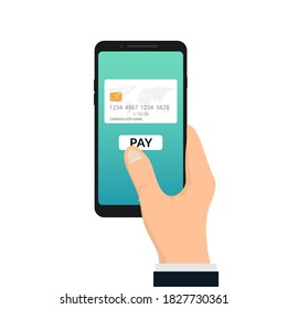 Mobile payment vector icon. Online bank card hold phone flat digital mobile payment