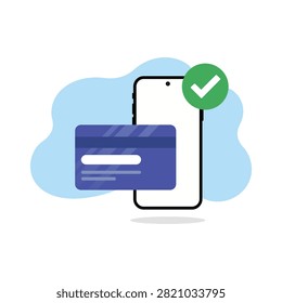 Mobile payment vector illustration featuring smartphone credit card and secure approval symbol isolated on white background for digital banking ecommerce financial transactions and cashless technology applications.