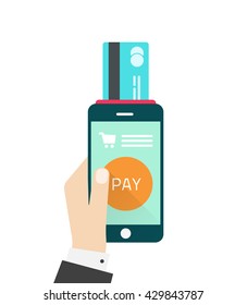 Mobile payment vector illustration, flat hand with mobile phone processing credit card payment 