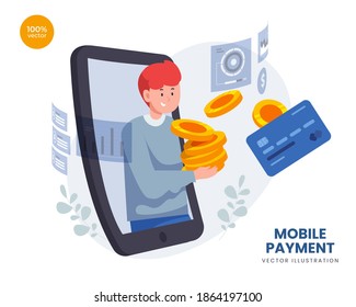 Mobile payment vector Illustration idea concept for landing page template, digital bill. modern electronic financial payment method. phone wallet. abstract bank transaction service. Online shopping.