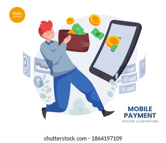 Mobile payment vector Illustration idea concept for landing page template, digital bill. modern electronic financial payment method. phone wallet. abstract bank transaction service. Online shopping.