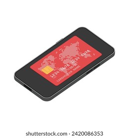 Mobile payment vector illustration. Modern smartphone with  credit card on the screen. Internet banking, online shopping concept. Wireless money transfer.