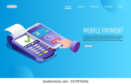 Mobile payment vector website template, web page and landing page design for website and mobile site development. Contactless payment, nfc or near field communication mainstream wireless technology.