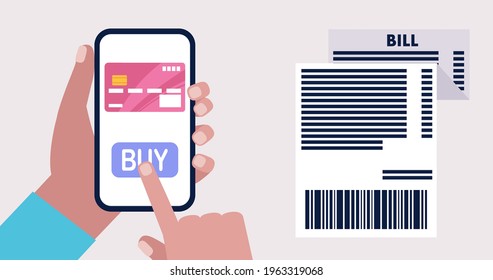 Mobile payment via smartphone. Colorful flat vector illustration.