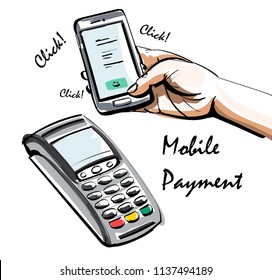 Mobile payment via smartphone. Device for credit cards and mobile phone. Man confirms contactless payment. Vector concept illustration in sketch style.