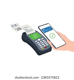 mobile payment via smartphone. Hand holds mobile phone to do contactless payment and POS terminal. Concept illustration in flat style for smart wallet.