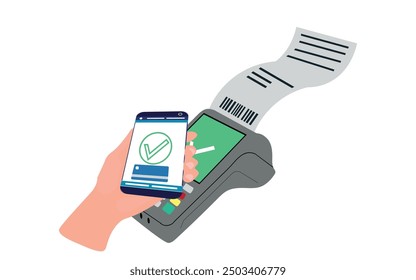 mobile payment via smartphone. Hand holds mobile phone to do contactless payment and POS terminal. Concept illustration in flat style for smart wallet.