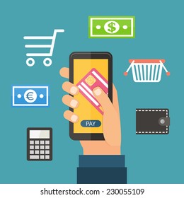 Mobile payment via smartphone, online banking, shopping, wallet, e-commerce. Flat design vector.