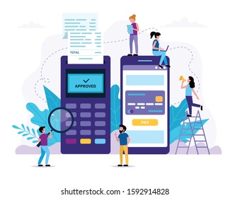 Mobile payment via smartphone. POS terminal and a smartphone application for payment. Small people doing various tasks. Concept vector illustration in flat style 