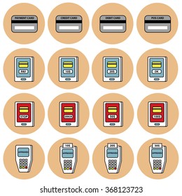 Mobile payment via smartphone and payment terminal vector icon set 