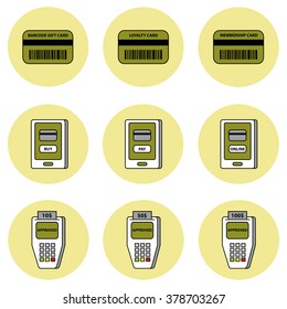 Mobile payment via smartphone and payment terminal vector icon set 