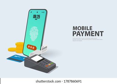 Mobile payment via smartphone using fingerprint identification.mobile phone and credit card on screen display and fingerprint thumbprint touch processed successful pay nfc, contactless tech