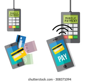 Mobile payment via smartphone. Wireless payment vector