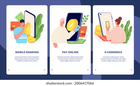 Mobile payments app banners. Phone money transfer, web pay transaction smartphone application. People and cashless bill utter vector template