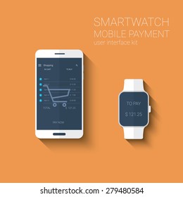 Mobile payments application graphic user interface. NFC technology concept for smartphone and smartwatch. Eps10 vector illustration.