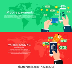 Mobile payments, mobile banking, modern flat design concept for web banners