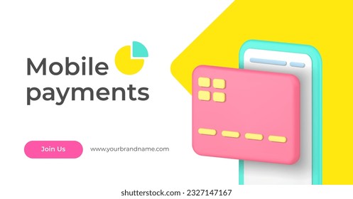 Mobile payments banking service smartphone application e money online transaction 3d landing page realistic vector illustration. Internet wireless financial currency transfer digital technology banner