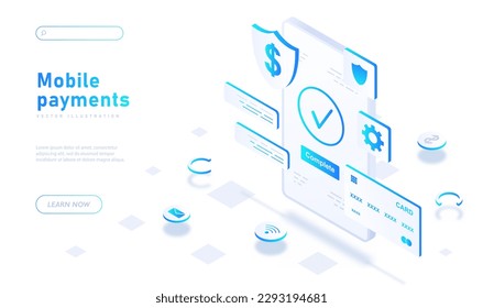 Mobile payments banner. Smartphone with bank card. Electronic wallet and shopping, online transactions and transfers, commerce. Landing page design. Cartoon isometric vector illustration