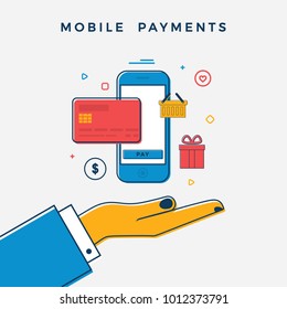 Mobile Payments Business Concept. Businessman Hand Holding Smartphone with Mastercard and Different Icons. Flat Line Art.  Vector Illustration for Web banners, Websites