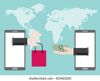 Mobile payments by smartphone. Money transaction online. Hand giving money to other hand. Flat design for business financial marketing concept cartoon illustration.