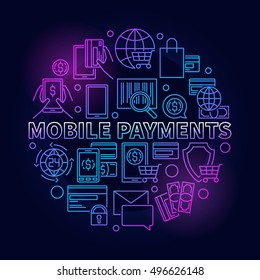 Mobile payments circular blue sign. Vector outline round smartphone money transfer illustration. Mobile payments with credit card symbol in thin line style