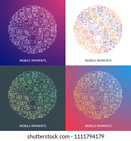 Mobile payments concept. Design template with thin line icons on theme internet bankig, online payments and bank wire transfer. Vector illustration