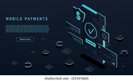 Mobile payments concept. Electronic wallet, transfers and transactions, banking operations on Internet. Modern technologies and digital world. Online shopping. Cartoon isometric vector illustration