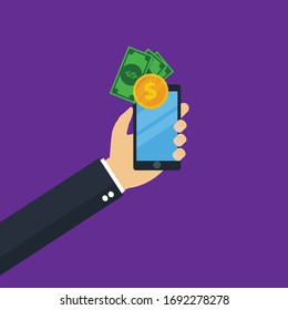 mobile payments concept - hand holds smartphone cash mobile payments.Conceptual vector illustration in flat style design.Isolated on background.