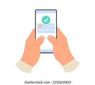 Mobile payments concept. Human hands holding smartphone with credit card pay app. Vector illustrations isolated on white background.