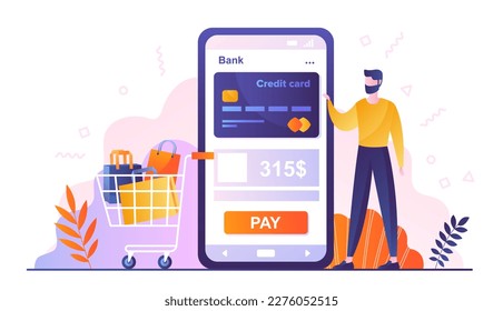 Mobile payments concept. Man stands near smartphone with bank card. Transactions and transfer, financial operation. Electronic wallet and commerce, online shopping. Cartoon flat vector illustration