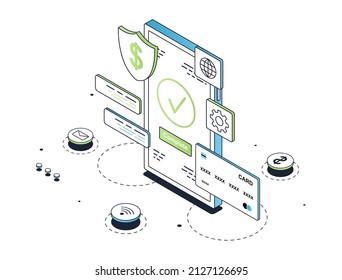 Mobile payments concept. Modern technologies, and cashless transfers and digital world. Online shopping, nank card and funds protection on Internet, cybersecurity. Cartoon vector illustration