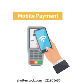 Mobile payments concept. Payment transaction with mobile phone. Vector illustration.
