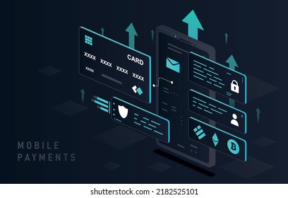 Concepto de pagos móviles. Compras en Internet, compras en línea. Operaciones bancarias, transferencias y transacciones sin efectivo. Cartel o pancarta de la billetera electrónica. Ilustración vectorial isométrica de dibujos animados
