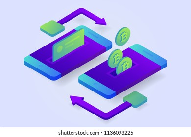 Concepto de pagos móviles de bitcoin de transferencia, dinero de tarjeta. Criptomoneda y tecnología de cadenas de bloqueo. 3d transacción de bitcoin isométrica, comercio electrónico. Ilustración vectorial.